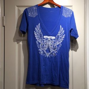 Women’s Size L Blue Affliction Rhinestone Deep V